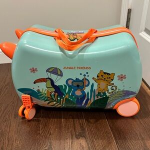 Jungle Friends Kids Ride-On Suitcase - Orange and Blue